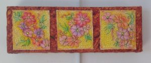 Flower Trail - machine quilted flowers, water color painted, machine quilted background, mounted on stretcher