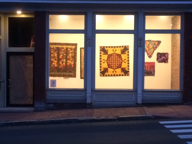 My fiber art and quilts hung in shop window display on Main St. in Stafford Springs, CT - July 2017