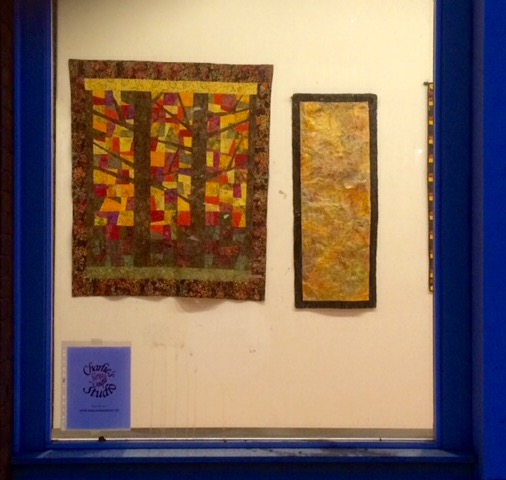 Yellow Wall paper #4 (hand made paper fabric) & Tree quilt (one of my workshops) in shop window on Main St.