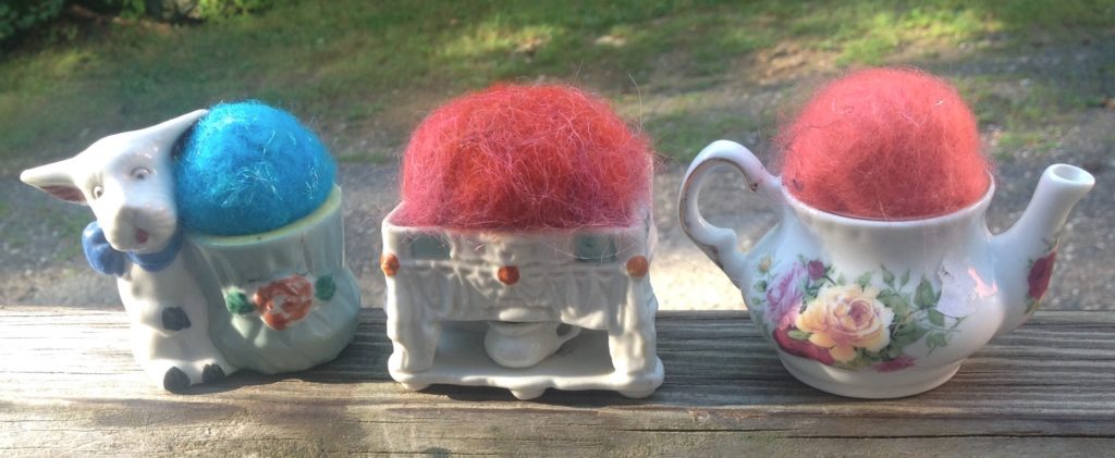 Pincushions- puppy, dry sink & tea pot with 100% wool beads to lubricate your pins while they're not working